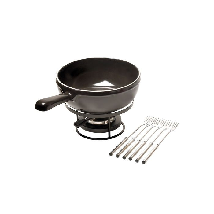Emile Henry Fondue Set-Black fondue pot with burner and skewers on a white background