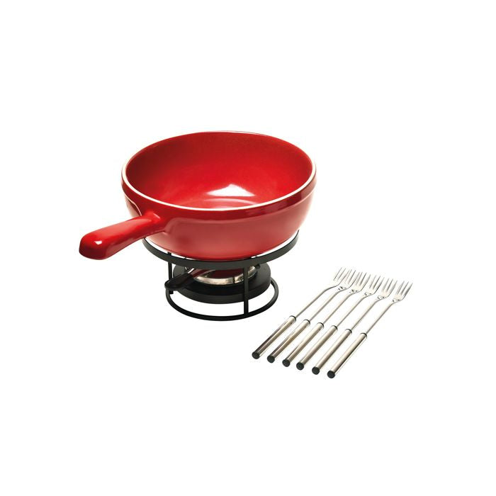 Emile Henry Fondue Set-Red fondue pot with burner, skewers, and forks on a white background