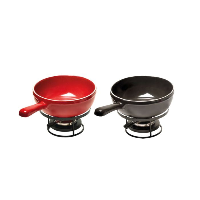 Emile Henry Fondue Set-Two frying pans, one red and one black, on stands against a white background.
