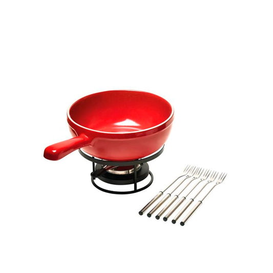 Emile Henry Fondue Set-Red fondue pot with a burner and skewers on a white background
