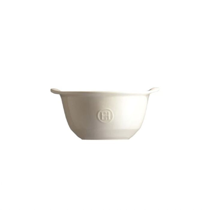 Emile Henry Gratin Bowl, 14cm-Beige ceramic bowl with a logo on a white background