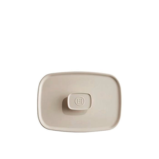 Emile Henry Lid For Oven Dish, Medium-Beige plastic cover with a logo on a white background