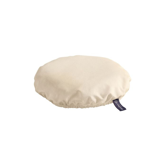 Emile Henry Reusable Organic Cotton Cover-Beige round cushion with a brand label on a white background
