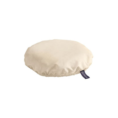 Emile Henry Reusable Organic Cotton Cover-Beige round cushion with a brand label on a white background