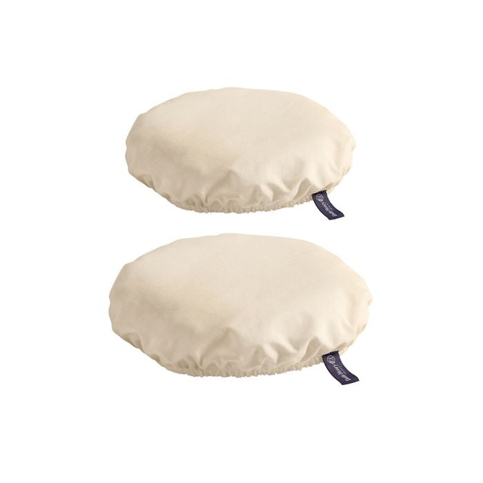 Emile Henry Reusable Organic Cotton Cover-Two beige seat covers with brand labels on a white background