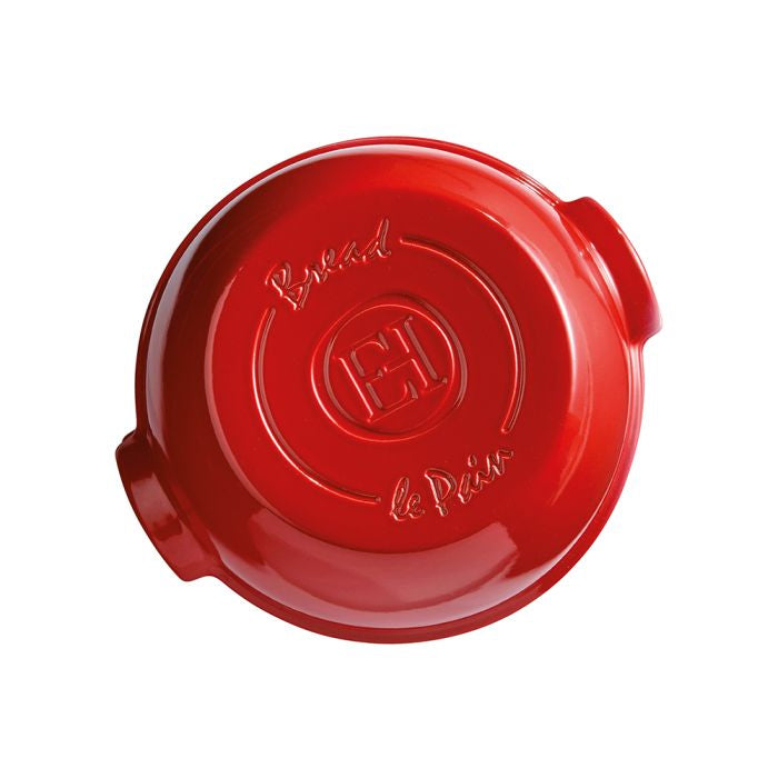 Emile Henry Round Bread Baker-Red bread bin lid with 'Le Pain' branding on a white background