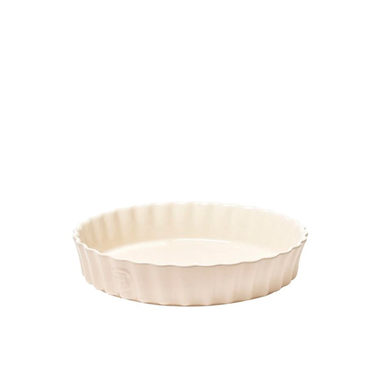 Emile Henry Round Tart Dish, 28 cm-Beige ceramic pie dish on a white background
