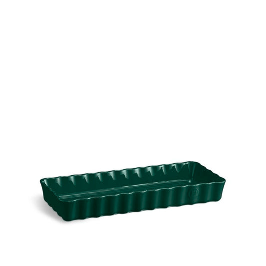 Emile Henry Slim Rectangular Tart Dish-Green rectangular baking dish on a white background