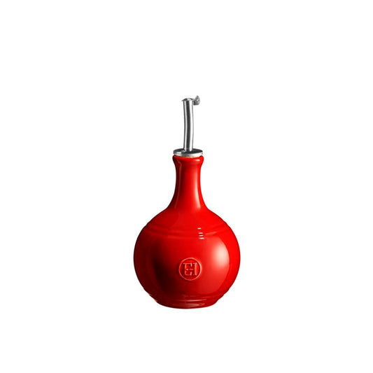 Emile Henry Vinegar Cruet-Red ceramic bottle with silver nozzle on a white background