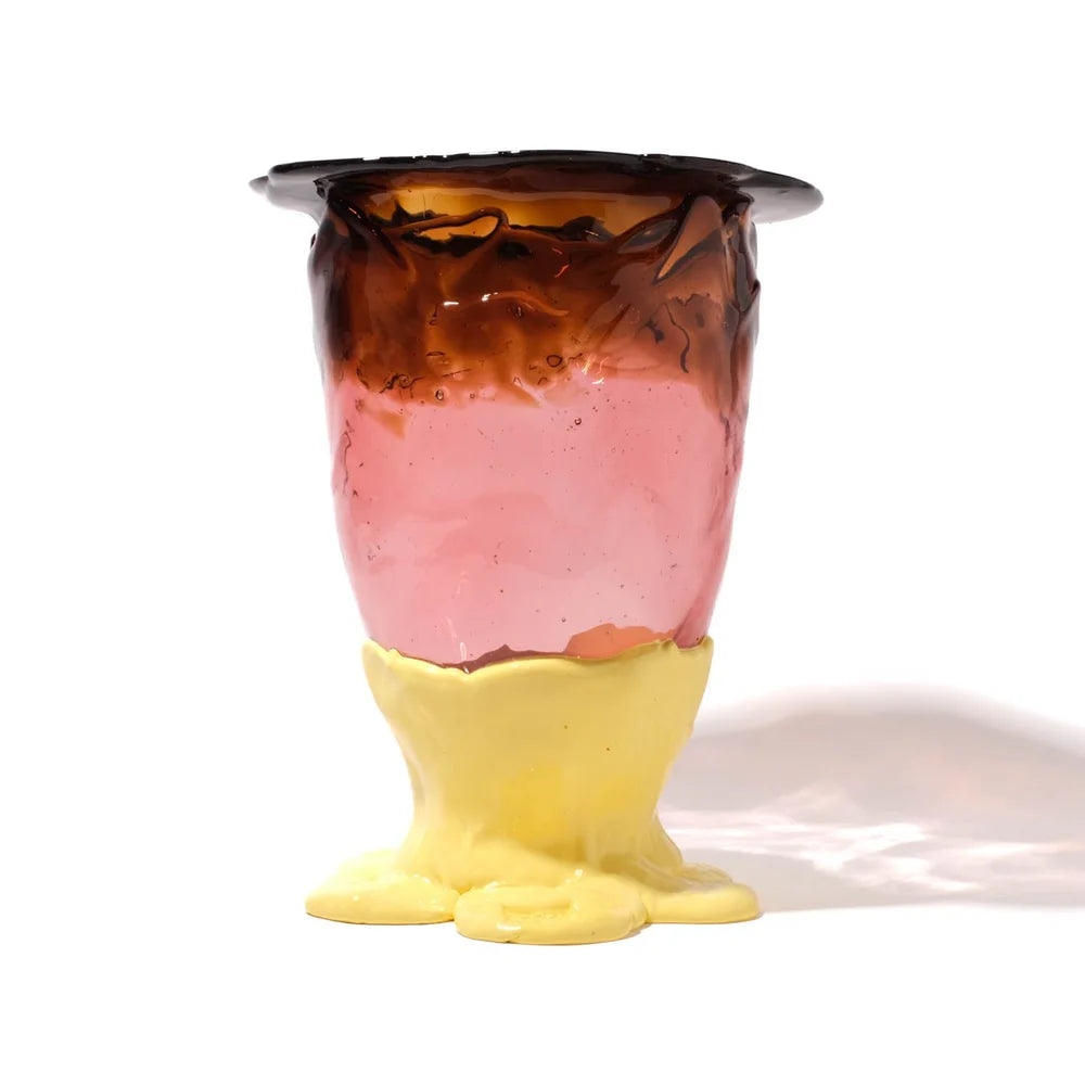 Flower Vase - Clear Brown, Clear Antique Pink And Matt Pastel Yellow