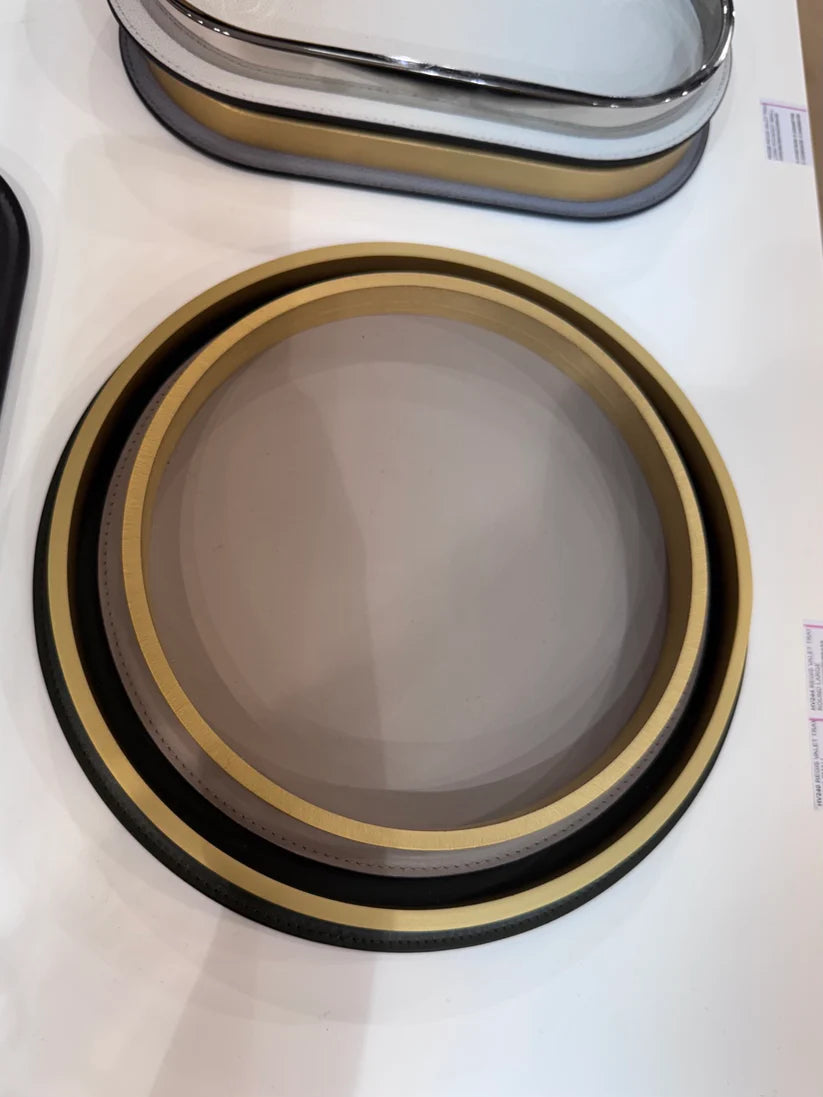 Regis Leather-Covered Valet Tray Round w Metal Base