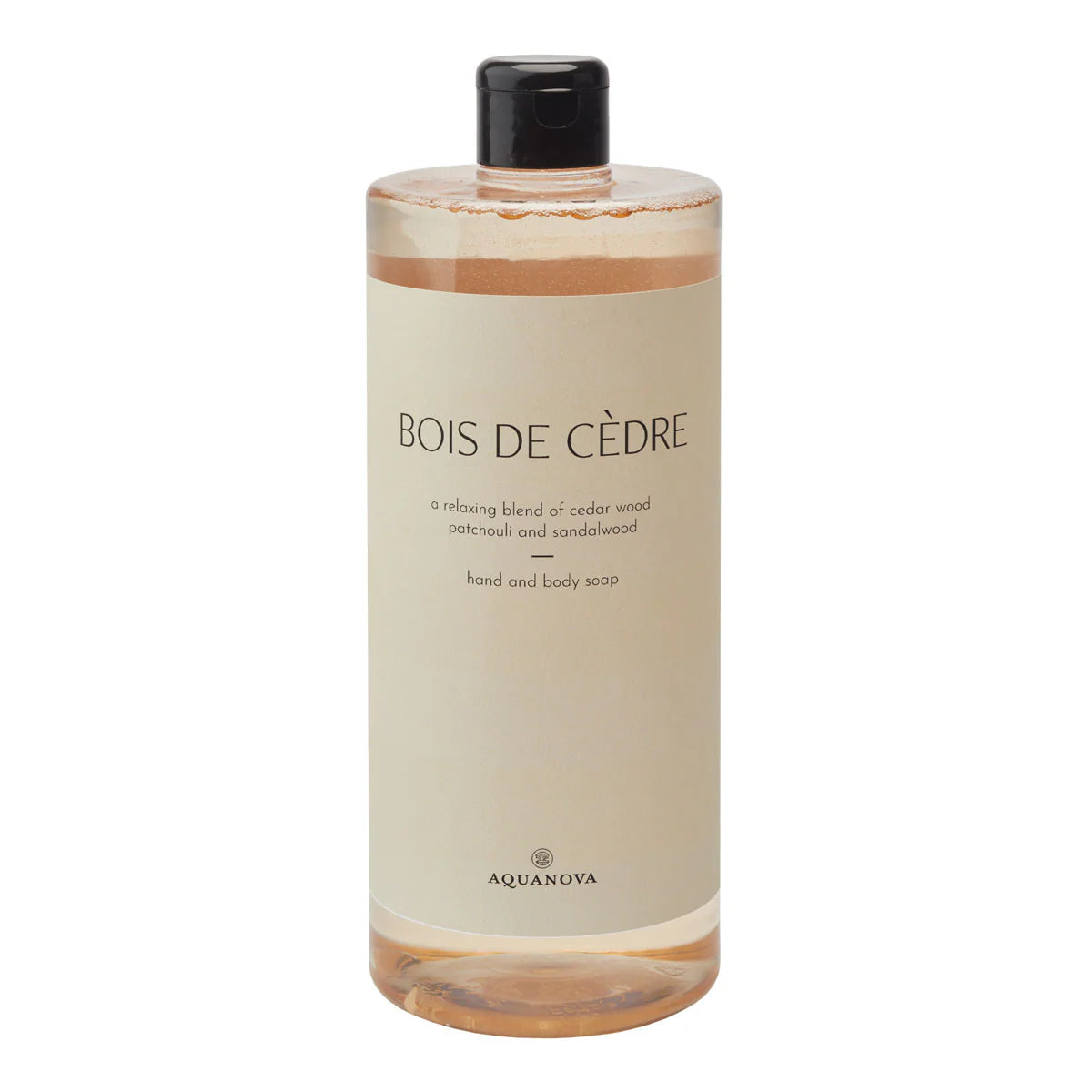 Hand and body soap bottle labeled 'Bois de Cèdre' by Aquanova on a white background