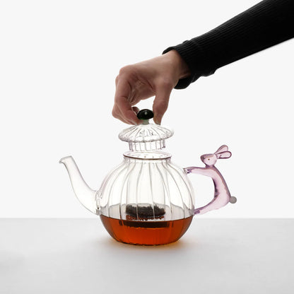 Alice Teapot - Pink Rabbit & Green Mushrooms