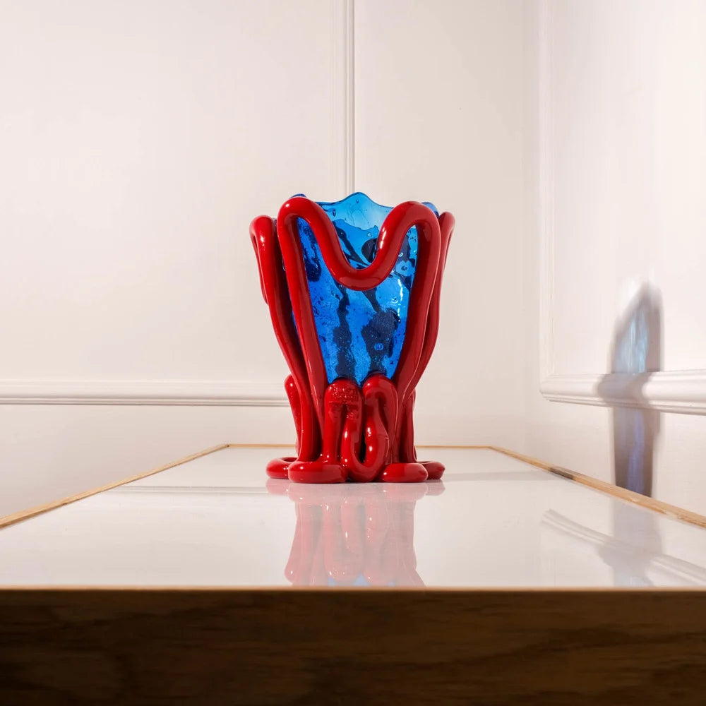 Indian Summer Vase - Clear Blue, Matt Red