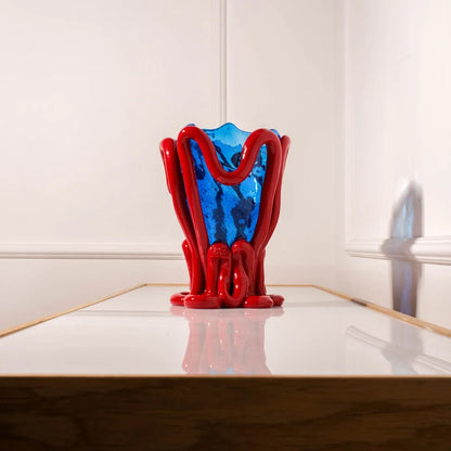 Indian Summer Vase - Clear Blue, Matt Red