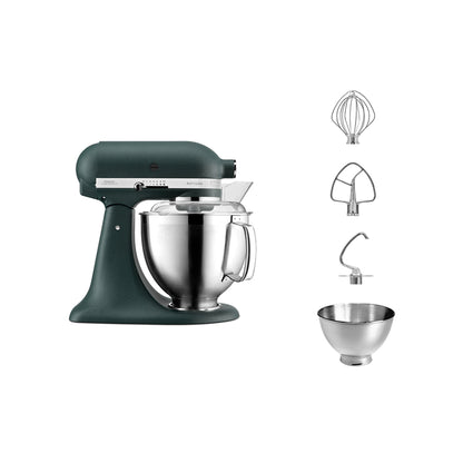 KitchenAid Green stand mixer with attachments on a white background