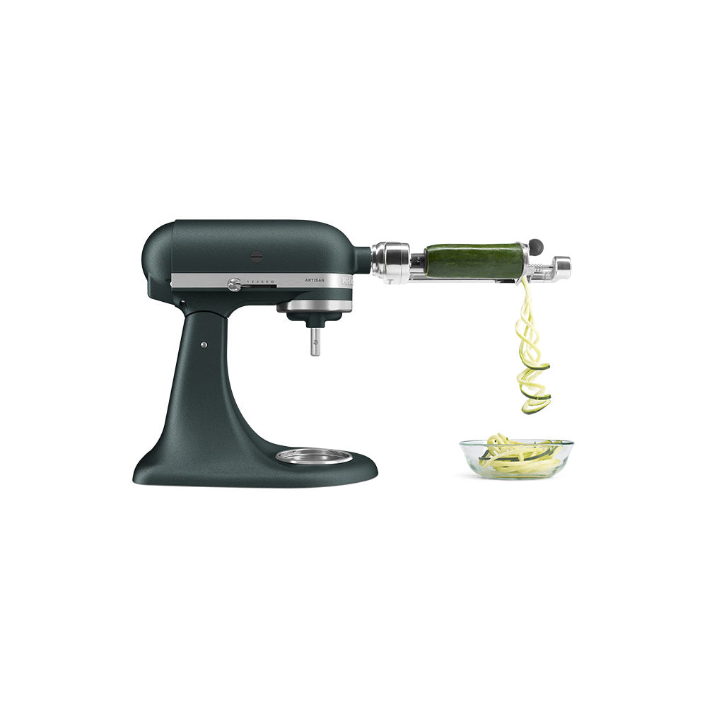 KitchenAid Green stand mixer with spiralizer attachment on a white background