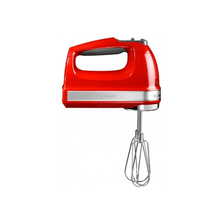 KitchenAid Red hand mixer with whisk attachment on a white background