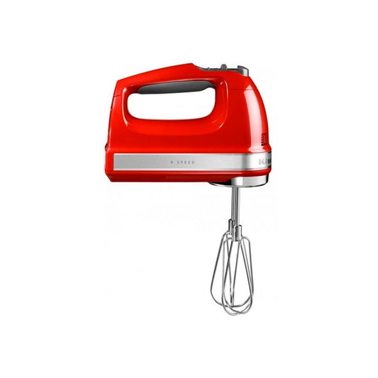 KitchenAid Red hand mixer with whisk attachment on a white background