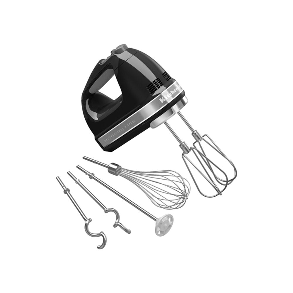 Black hand mixer with attachments on a white background