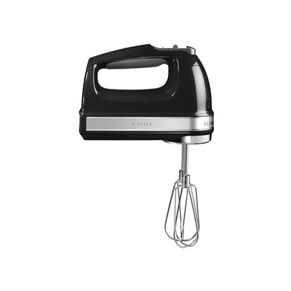 Black hand mixer with whisk attachment on a white background