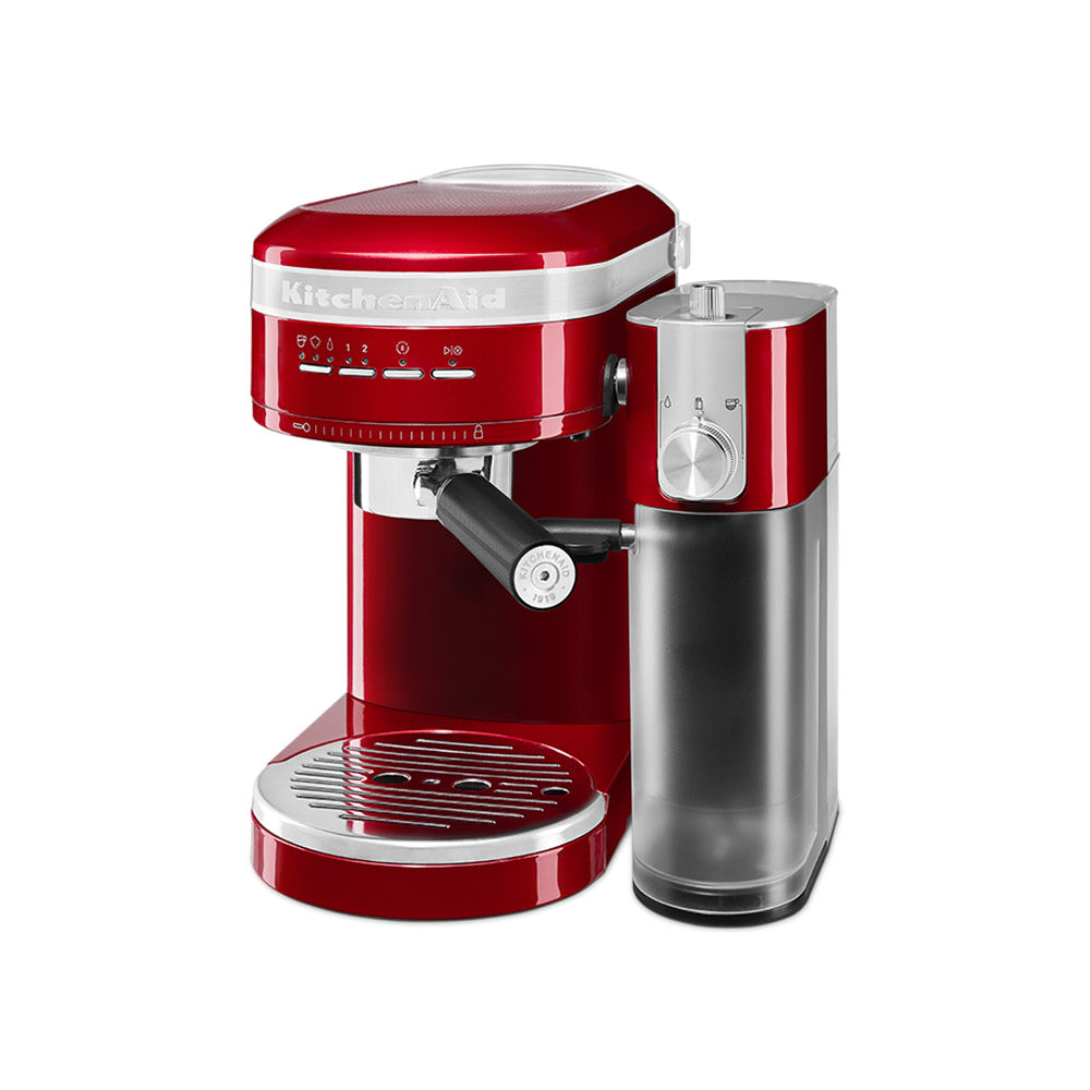 Red espresso machine with a clear milk container on a white background