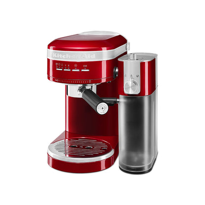 Red espresso machine with a clear milk container on a white background