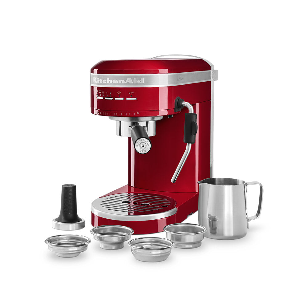 Red KitchenAid espresso machine with accessories on a white background
