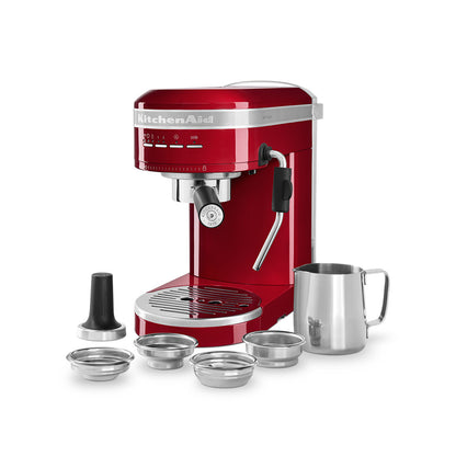 Red KitchenAid espresso machine with accessories on a white background