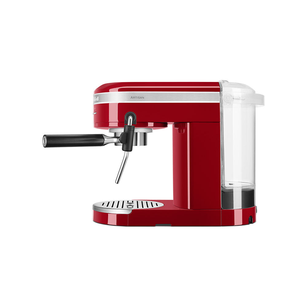 Red espresso machine with white accents on a white background