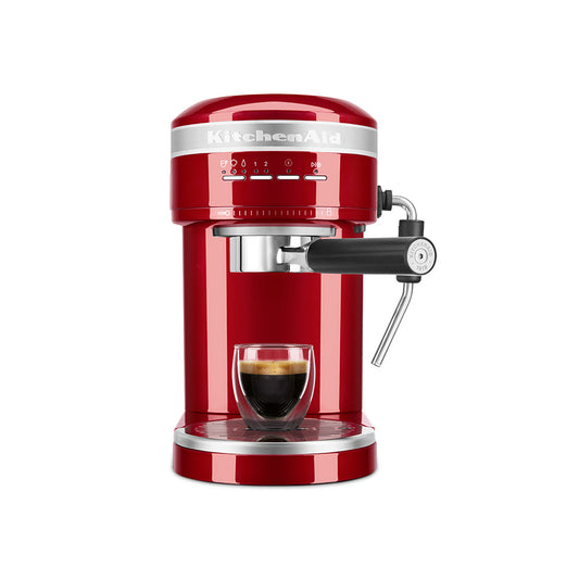 Red KitchenAid espresso machine with a glass of coffee on a white background