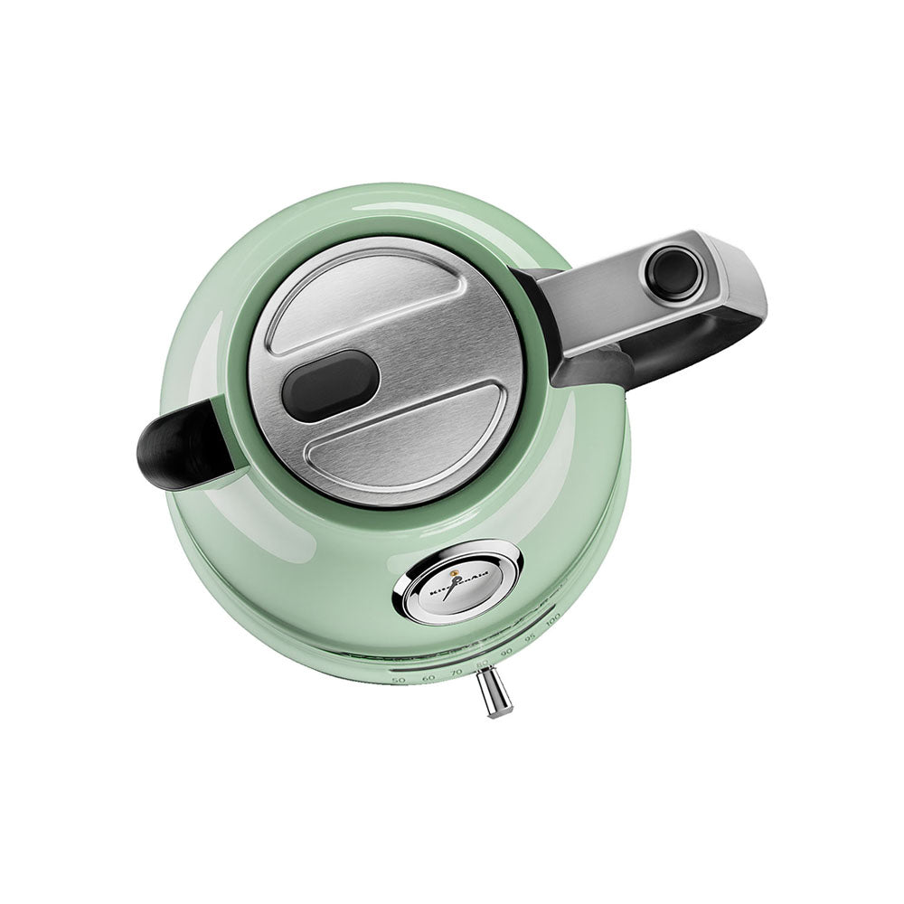 Mint green kitchen appliance with metallic accents on a white background