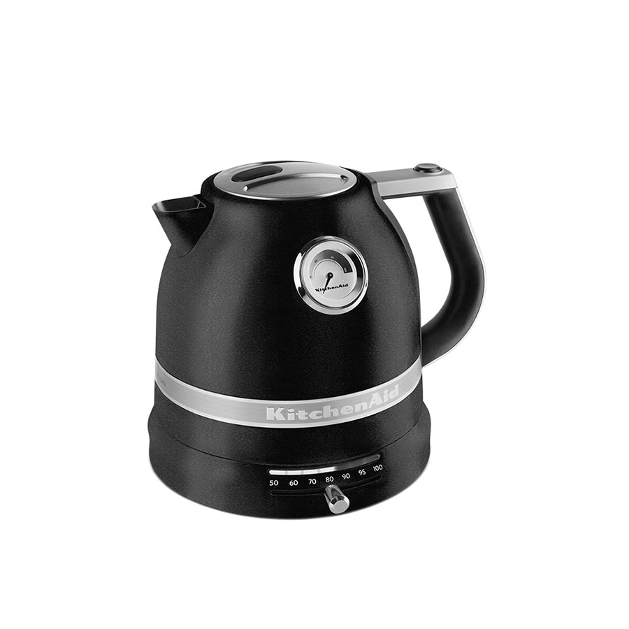 Black electric kettle with silver accents on a white background