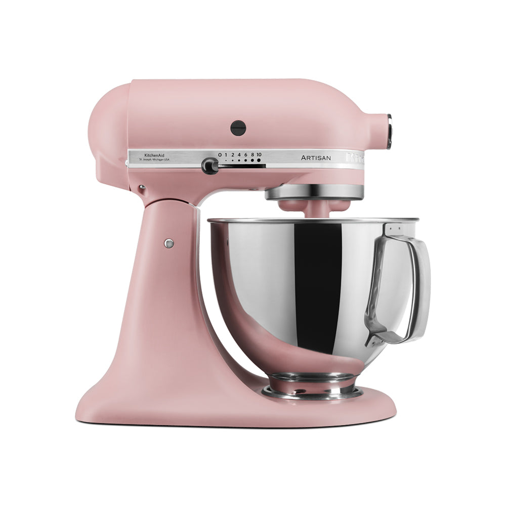Pink KitchenAid stand mixer on a white background