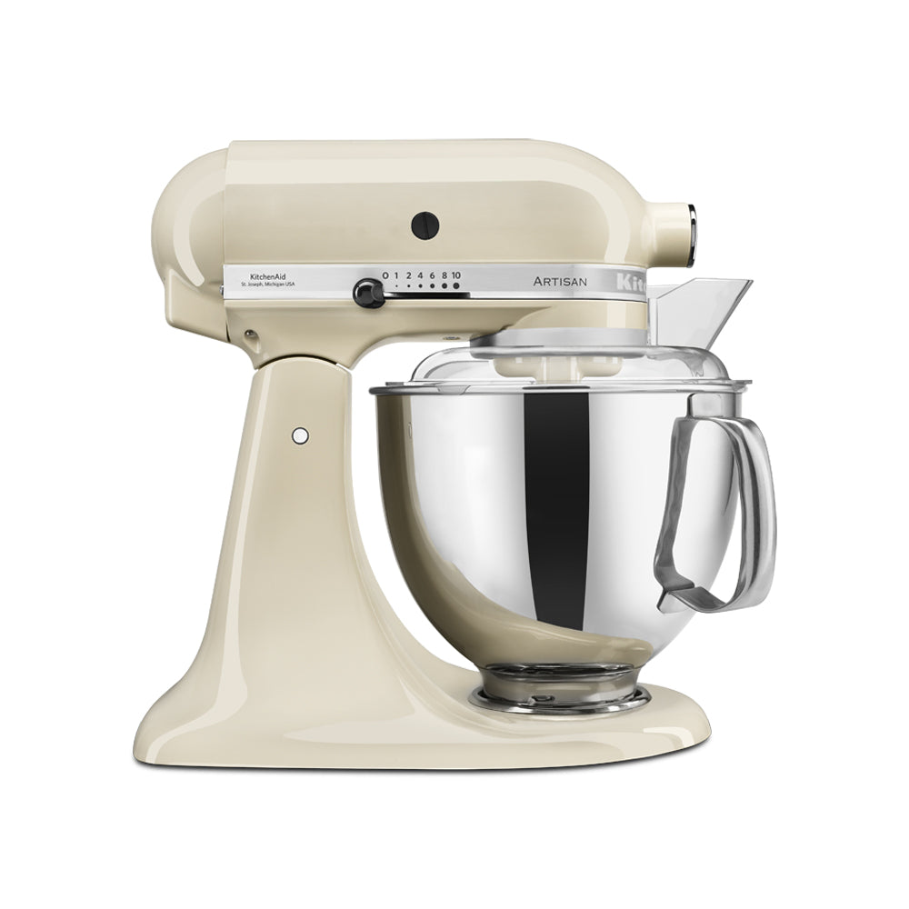 Cream-colored KitchenAid stand mixer on a white background