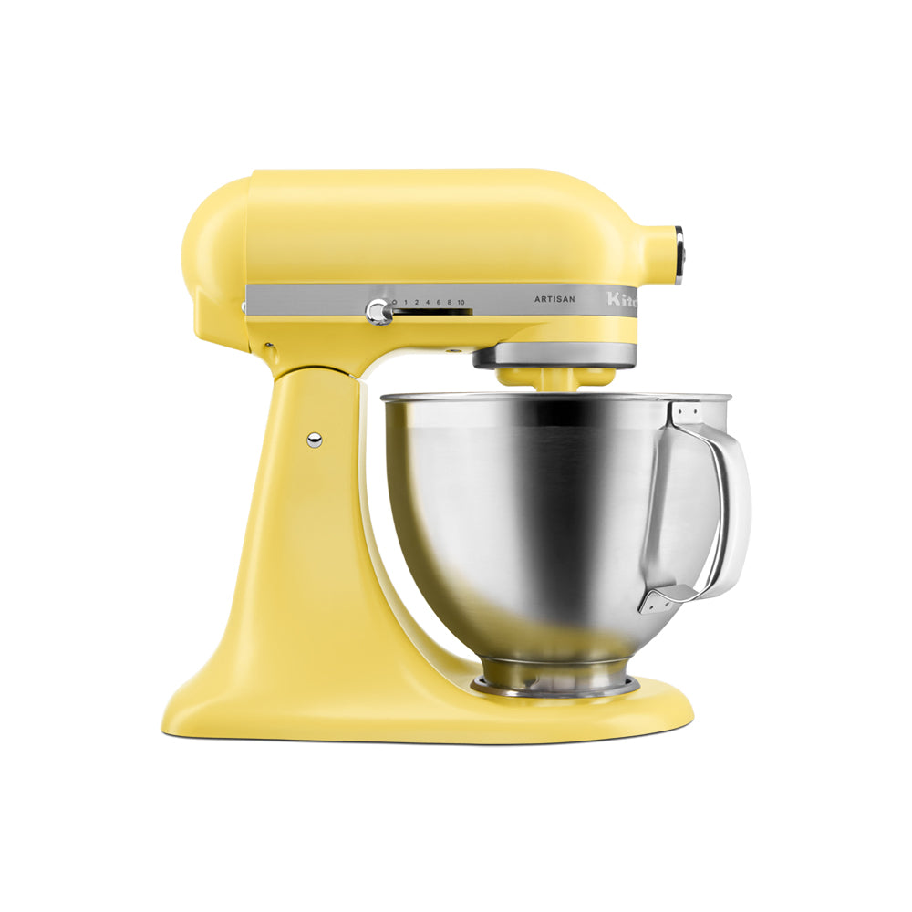 Yellow KitchenAid stand mixer with a clear bowl on a white background