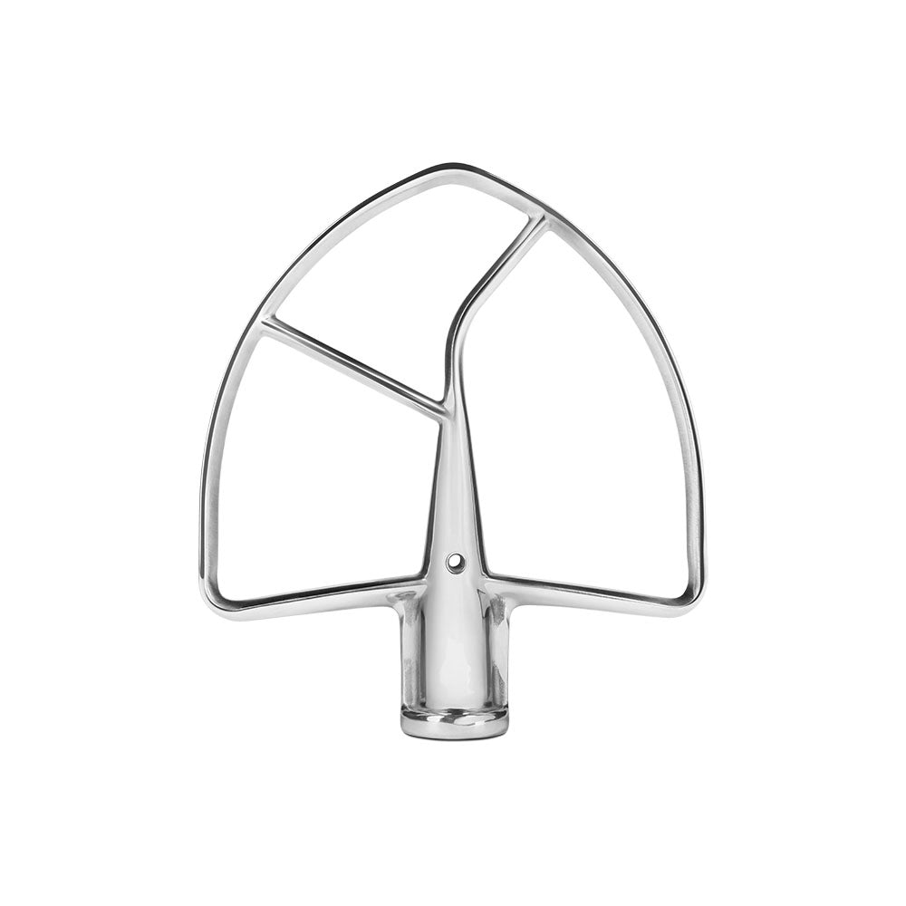 Metal mixing attachment on a white background