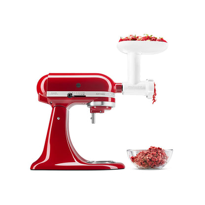 Red stand mixer with meat KitchenAid Food Grinder-attachment on a white background