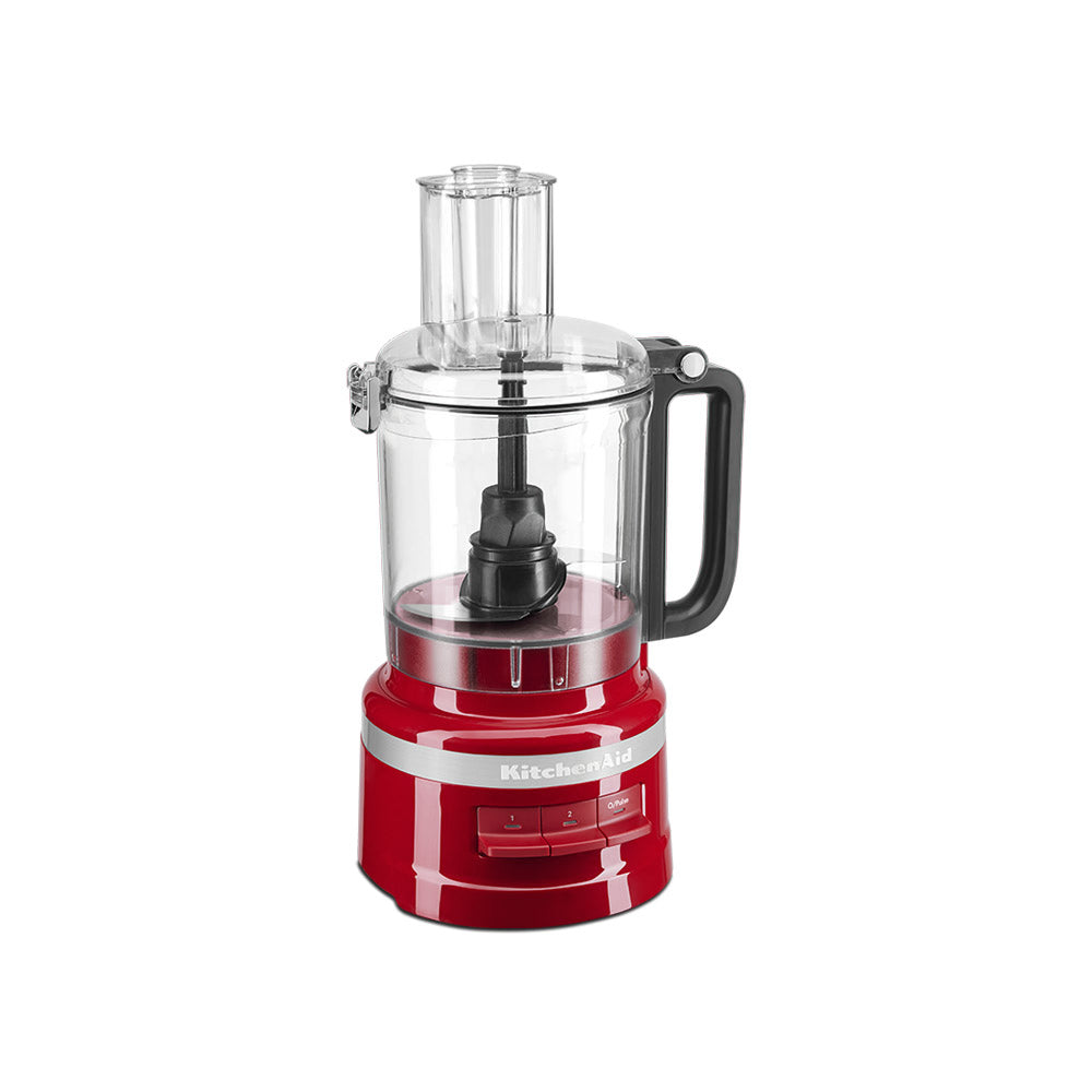 Red KitchenAid food processor on a white background