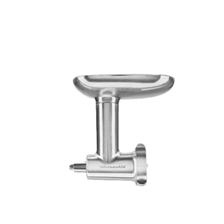 Metal meat grinder attachment on a white background