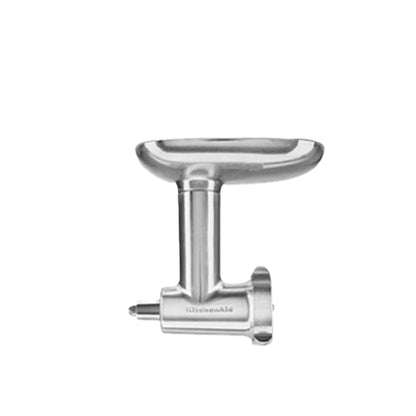 Metal meat grinder attachment on a white background