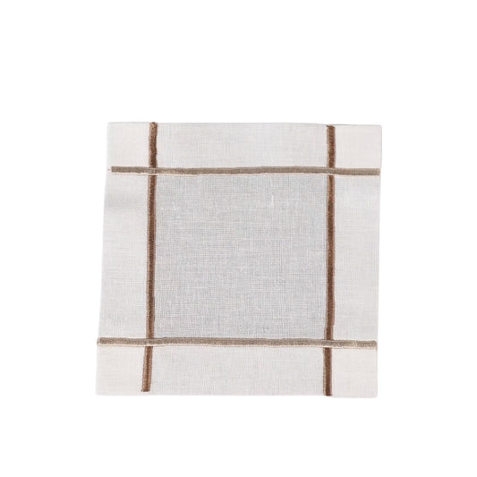 Linee Linen Coasters Set of 4-White towel with brown checkered pattern on a white background