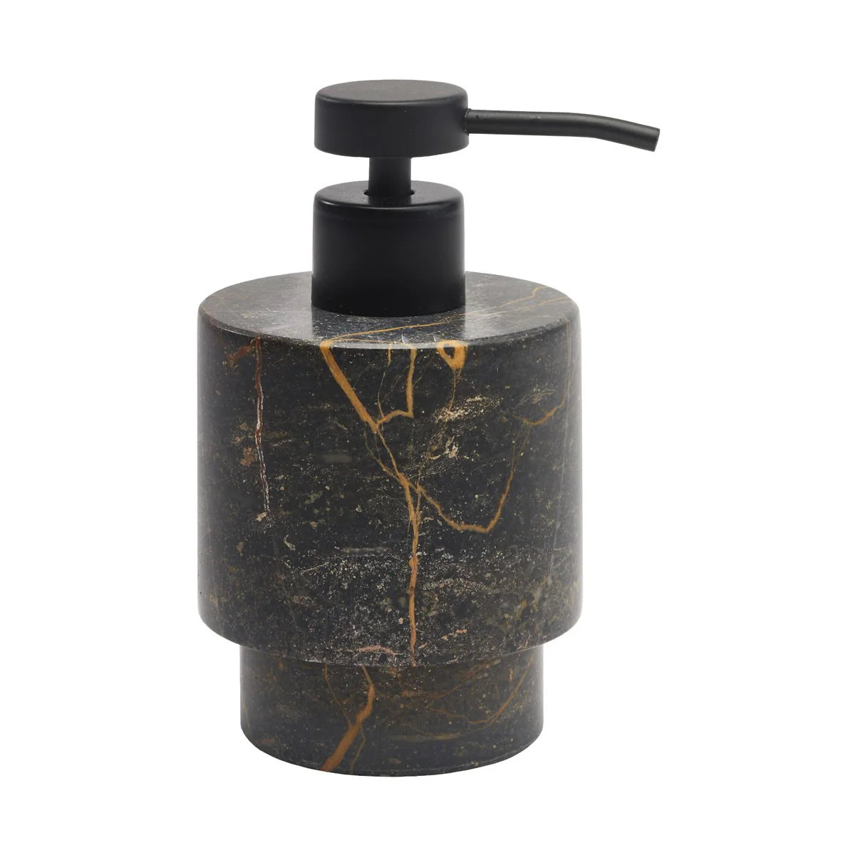 Marble-textured soap dispenser with black pump on a white background