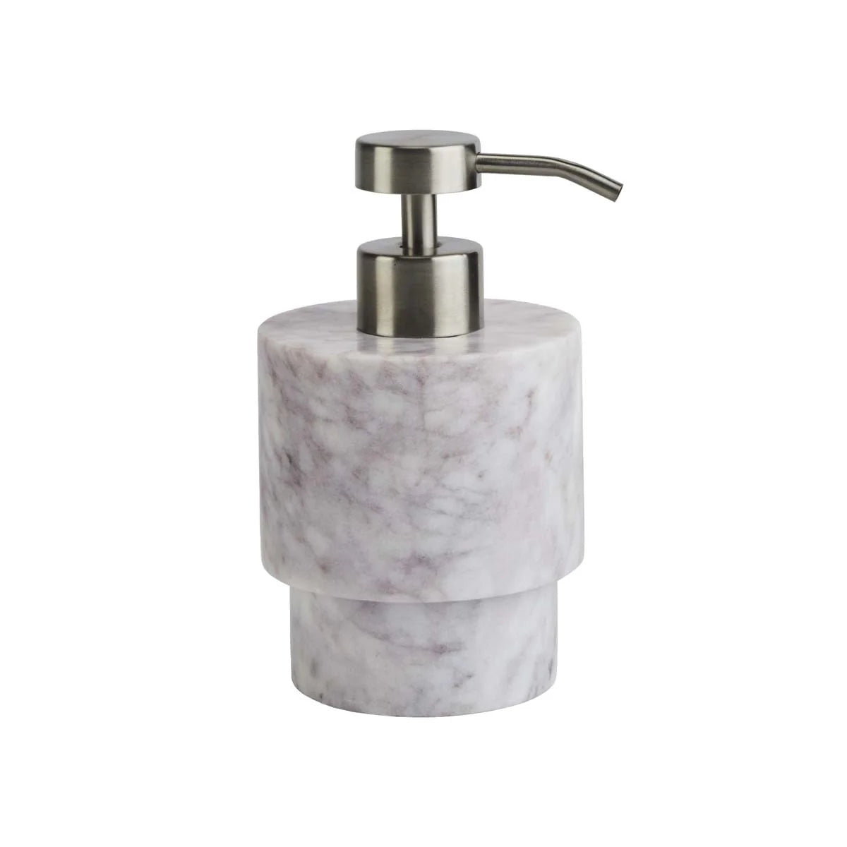 Marble-textured soap dispenser with metallic pump on a white background