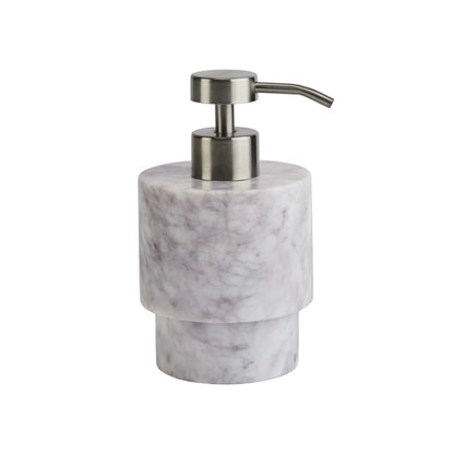 Marble-textured soap dispenser with metallic pump on a white background
