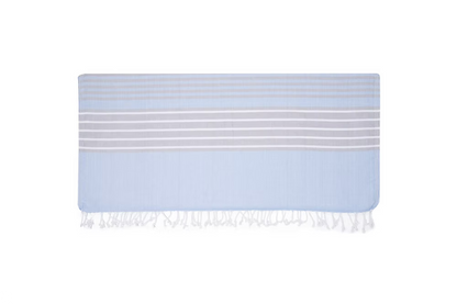 Mare Beach Towel-Light blue towel with white stripes and fringes on a white background