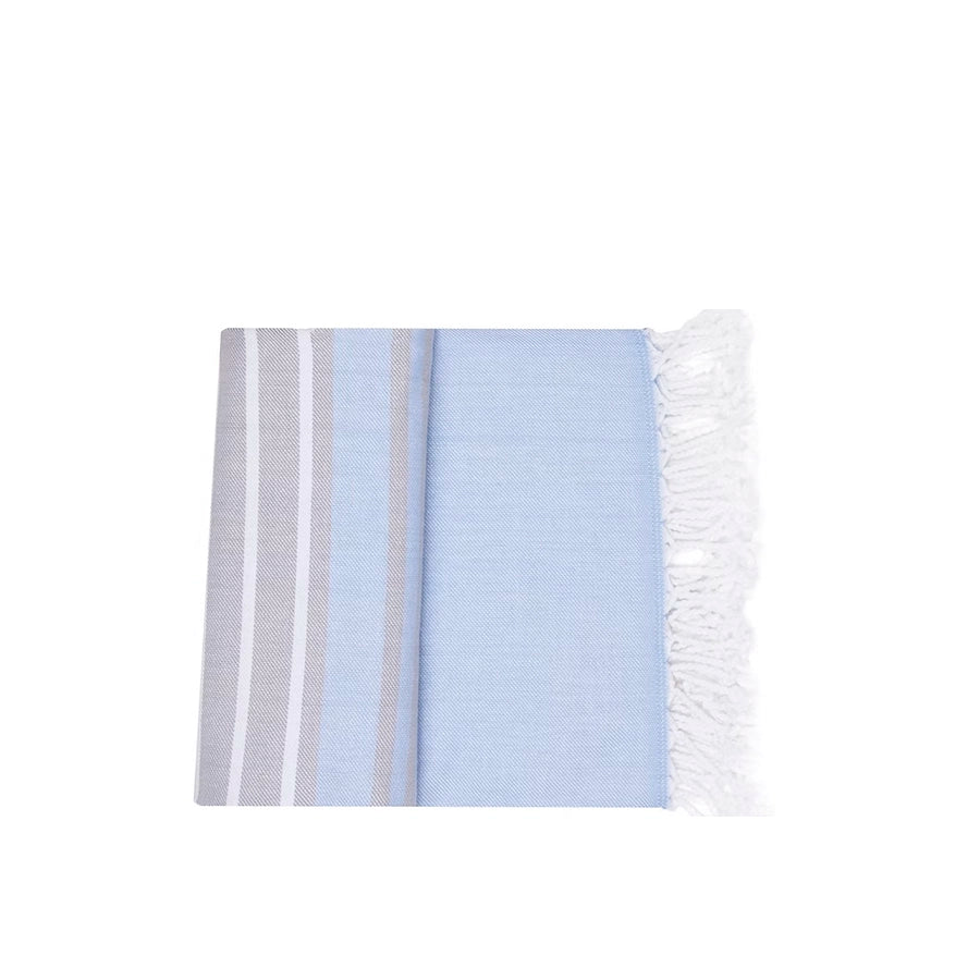 Mare Beach Towel-Striped fabric with blue, gray, and white colors on a white background