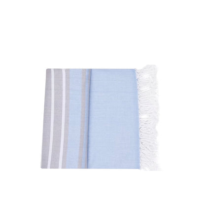 Mare Beach Towel-Striped fabric with blue, gray, and white colors on a white background