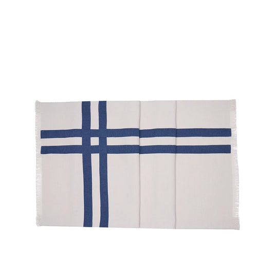 Marinaio Marine Table Runner-White towel with blue cross pattern on a white background