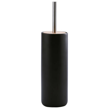 Black cylindrical toilet brush holder with a silver handle on a white background